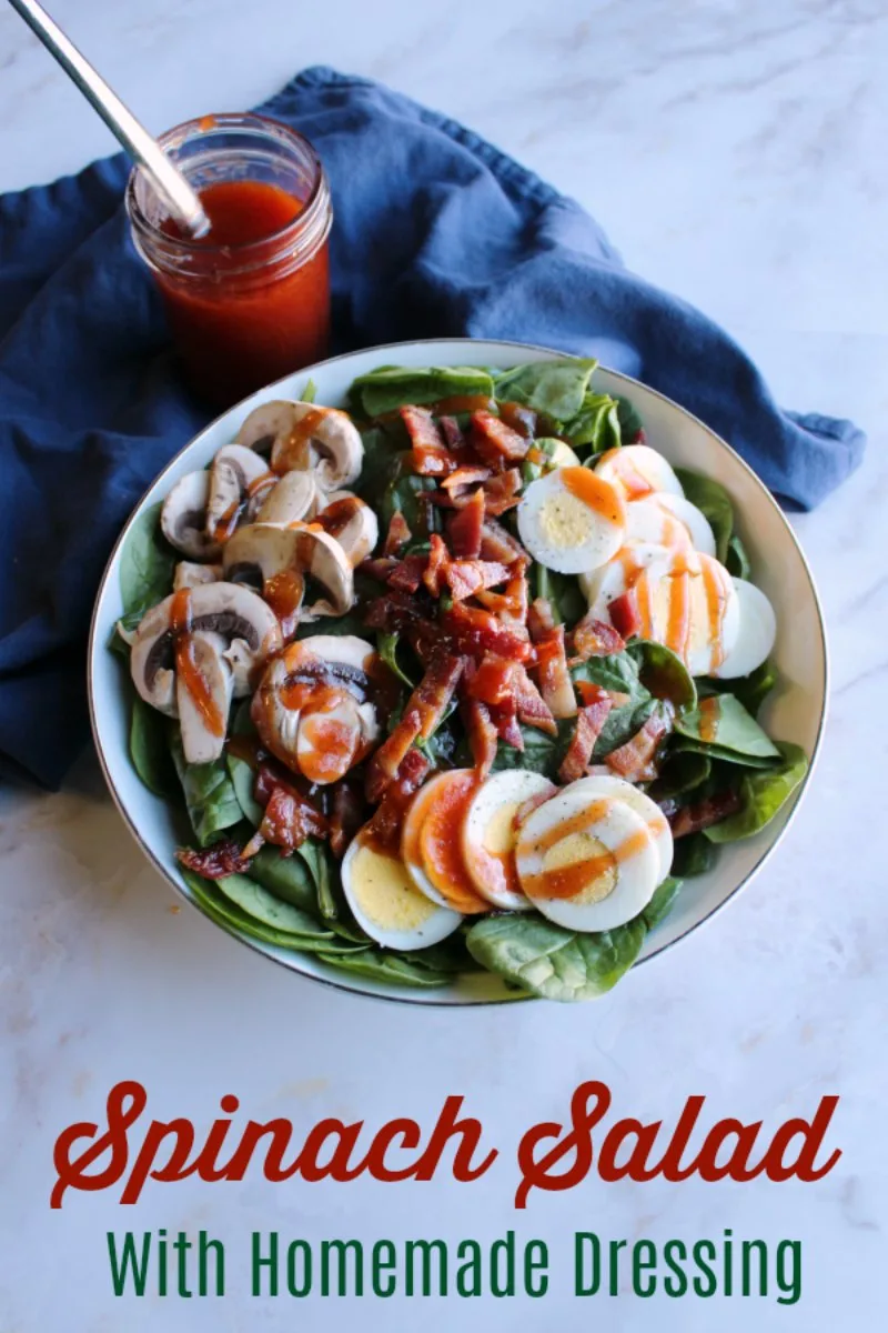 Spinach salad is a favorite for good reason. It is loaded with yummy toppings that work so well with the homemade dressing and spinach base. Serve it as a side or make a meal of it!