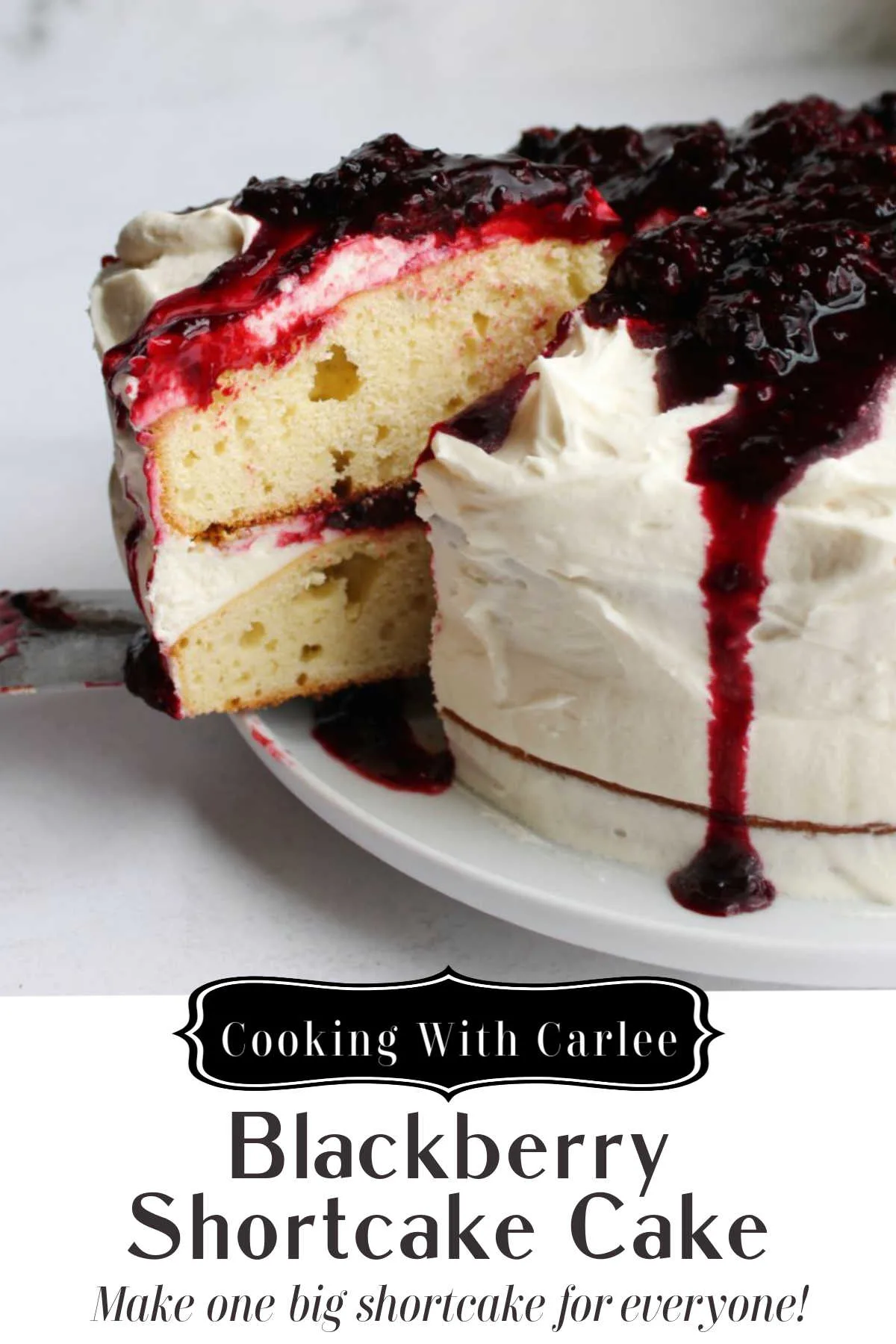 Instead of making individual shortcakes for everyone, make one big blackberry shortcake cake. It is a beauty to make and serve and it tastes delicious too. With layers of slightly sweet biscuity cake, fluffy vanilla frosting and plenty of blackberries to go around, it is a sure winner.