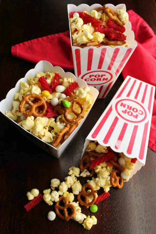 Make movie night at home better than a trip to the theater with this fun snack mix. It is also a fun munchy for game night and parties!