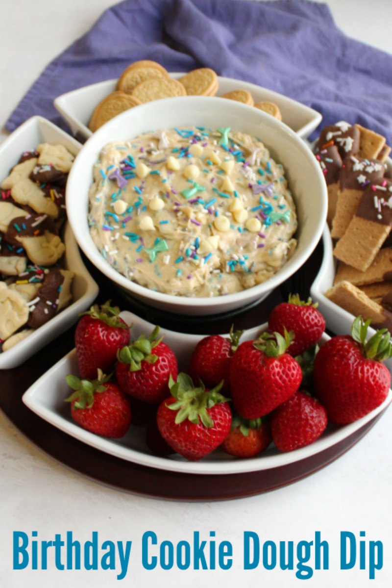 What could be more fun than a dessert dip that tastes like cookie dough? One that is filled with sprinkles of course! This birthday cookie dough dip is begging to be eaten with your favorite dippers!