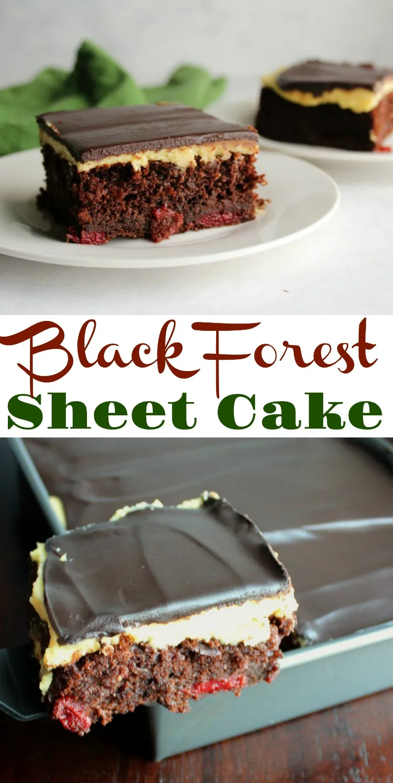 This simplified version of black forest sheet cake still feels ultra luxe. Moist chocolate cake studded with cherries, creamy vanilla German buttercream and a layer of ganache come together to make your dessert dreams come true!