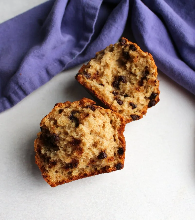 soft inside of chocolate chip sourdough muffin.