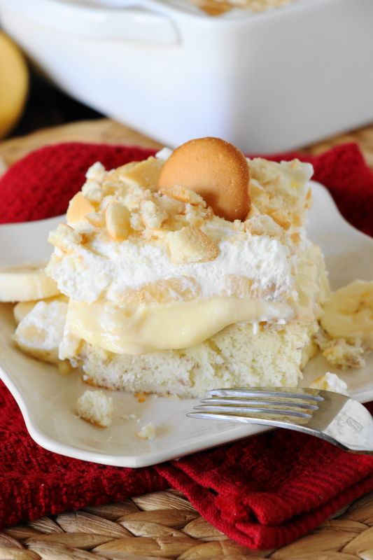 cake filled with banana pudding mixture