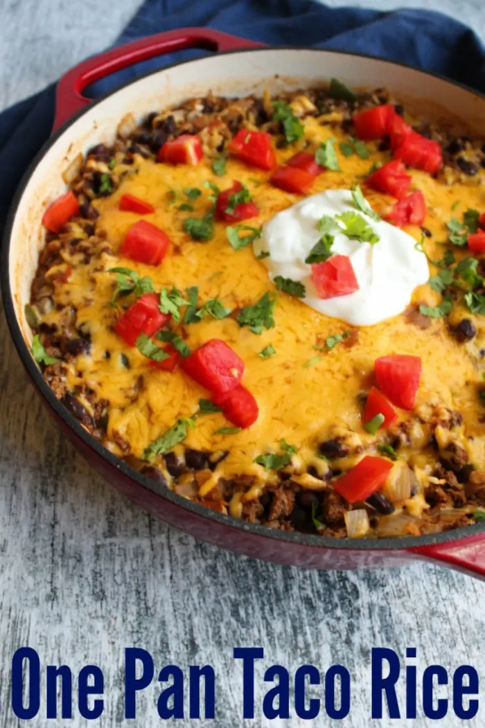 One pan taco rice skillet is a quick and easy way to get dinner on the table. It has maximum flavor with minimal dirty dishes!