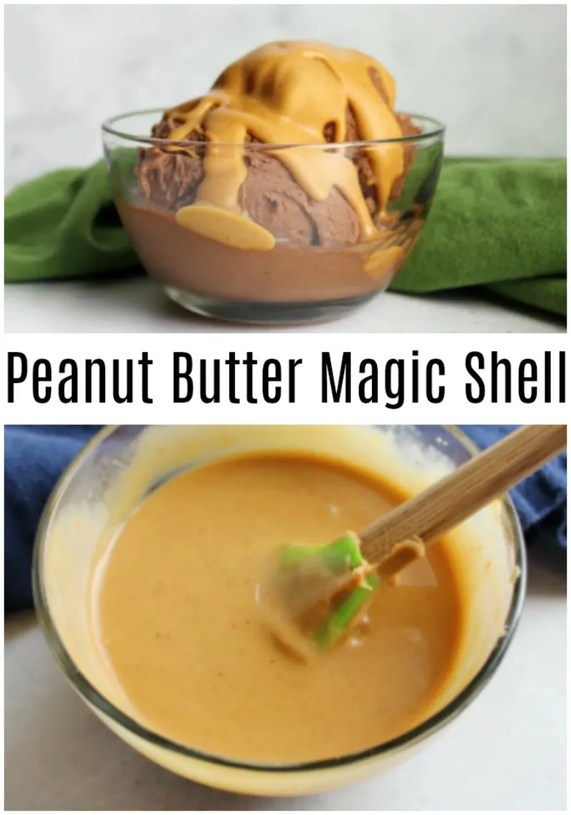 Take your ice cream to the next level with a drizzle of this 2 ingredient peanut butter magic shell. It is the perfect topping for your next sundae!