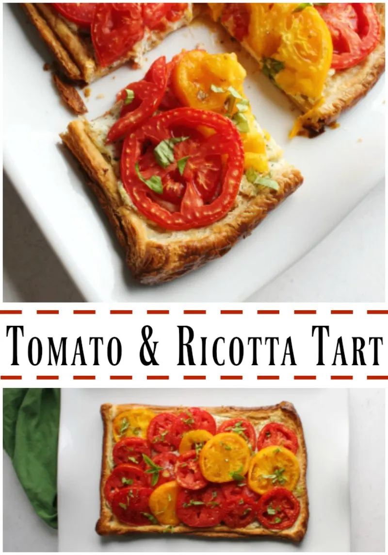 Fresh slices of vine ripened tomatoes, a basil and ricotta cheese filling and golden puff pastry crust come together to make this delicious flaky tomato tart. It is a perfect summer appetizer, lunch or light dinner when paired with a salad.