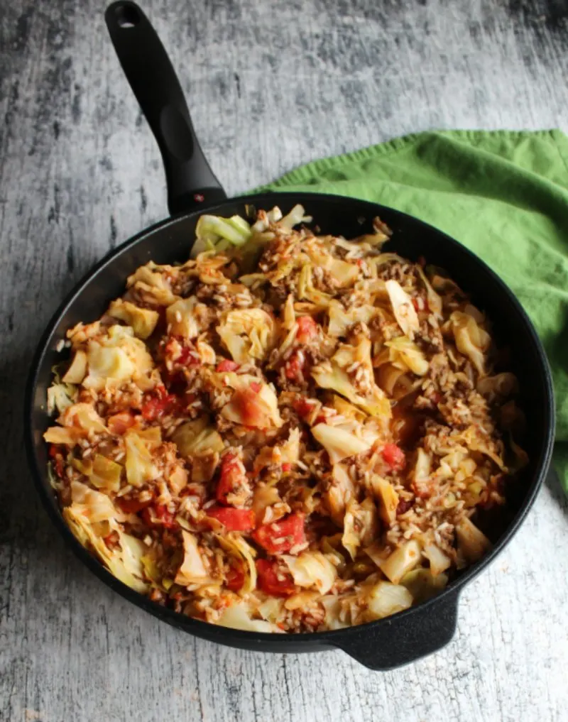 swiss diamond saute pan filled with cabbage roll casserole.
