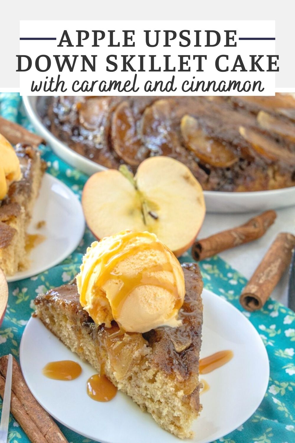 This caramel apple upside down skillet cake is the perfect way to get all of those cozy flavors and feelings together in one delicious dessert. It is part spice cake and part sticky caramel apple. It is great on its own, but of course a scoop of ice cream and drizzle of caramel make it even more decadent!