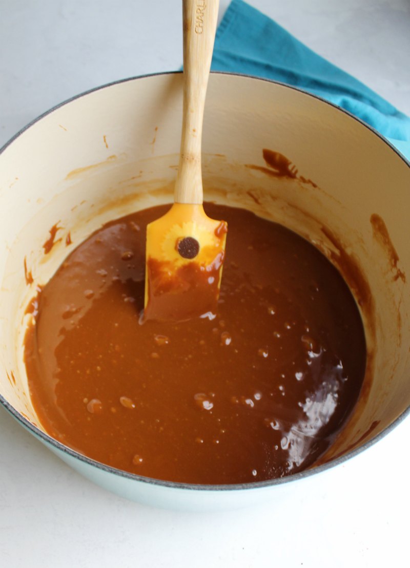 melted caramel with concentrated apple juice mixed in, ready for popcorn for popcorn balls.