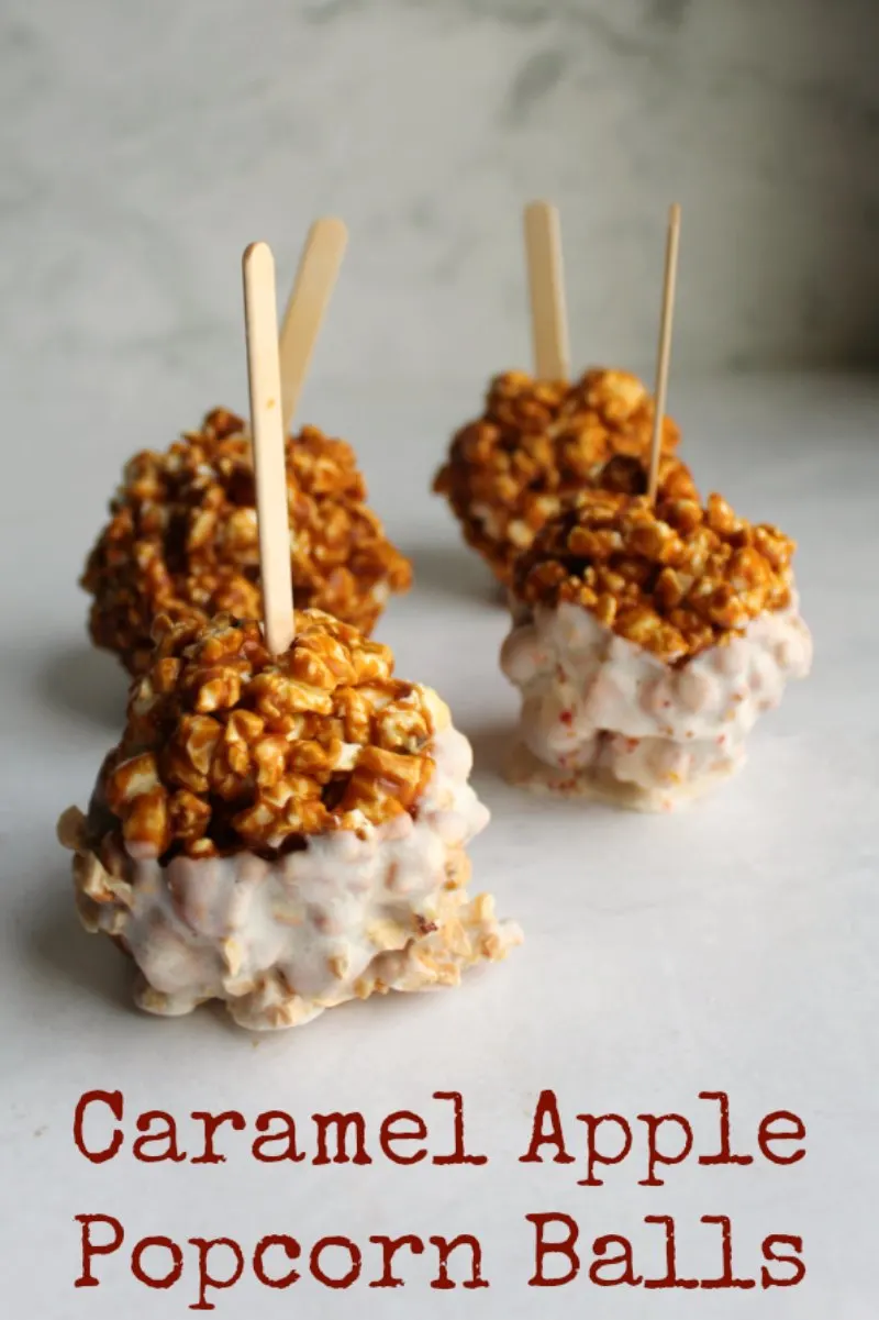 Delicious popcorn balls held together with caramel that sings with the flavor of concentrated apple are a fall must try. Add a popsicle stick and dip them in white chocolate to make them an even more fun treat!