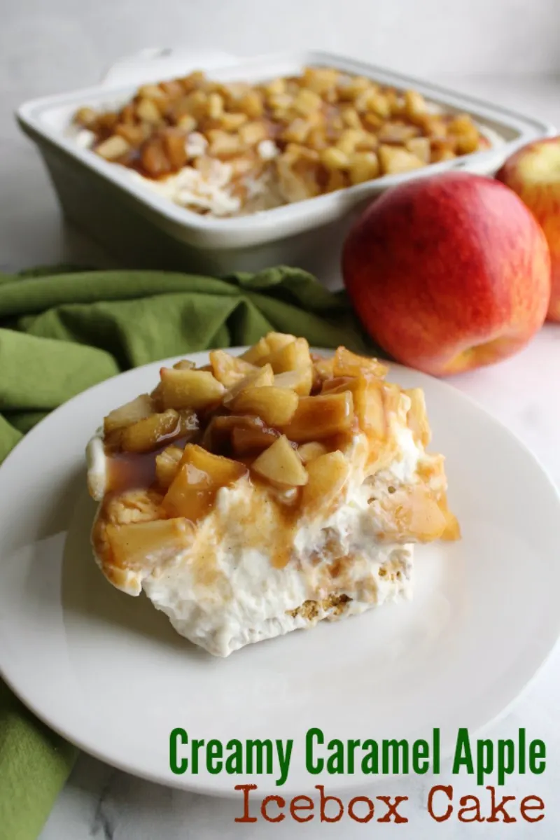 This layered no bake treat is a perfect way to transition to fall flavors when you still don't want to turn on your oven. Fresh apples are cooked in brown sugar and cinnamon until they are caramelly and delicious. Then they are layered with a fluffy cream cheese mixture and cookies to make a perfectly creamy dessert.