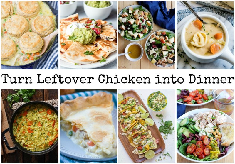 collage of various chicken recipes that can be made from leftover chicken