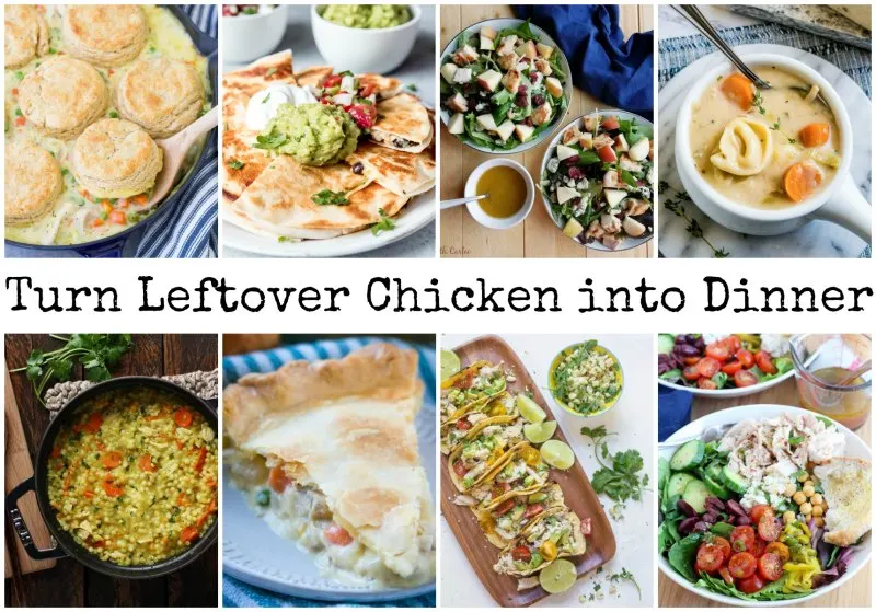 collage of various chicken recipes that can be made from leftover chicken.