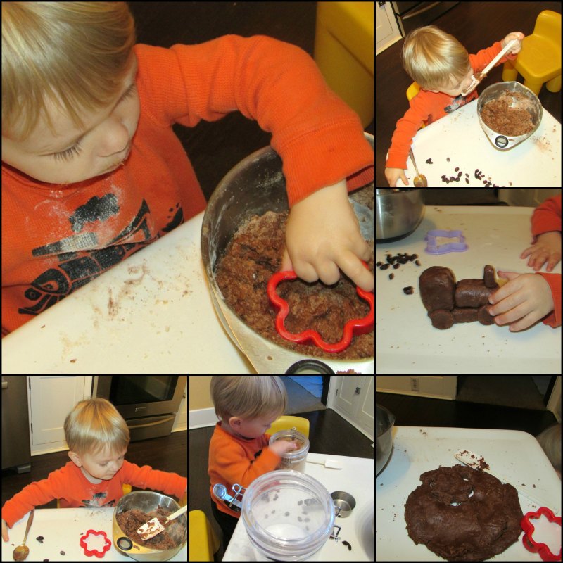collage of two year old making and playing with peanut butter chocolate playdoh.