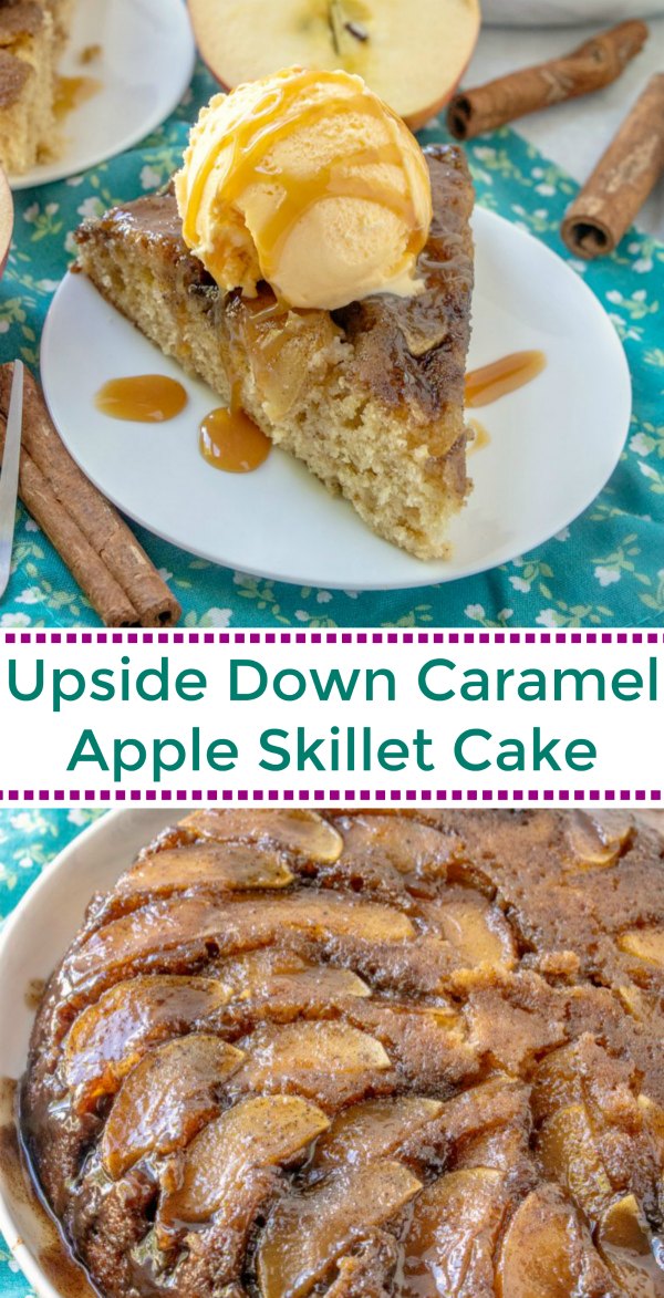A slice of warm delicious down home caramel apple upside down skillet cake is sure to bring a smile to your face. Add a scoop of ice cream to this spiced cake for an extra special fall treat.