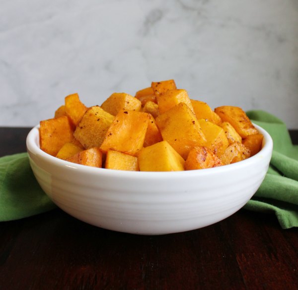Bowl of roasted butternut squash  ready to serve. 
