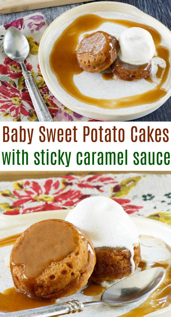 Individual sized baby sweet potato cakes served with a scoop of ice cream and drizzle of sticky caramel sauce are a perfect fall dessert. They are cozy, flavorful and sure to become a favorite treat.
