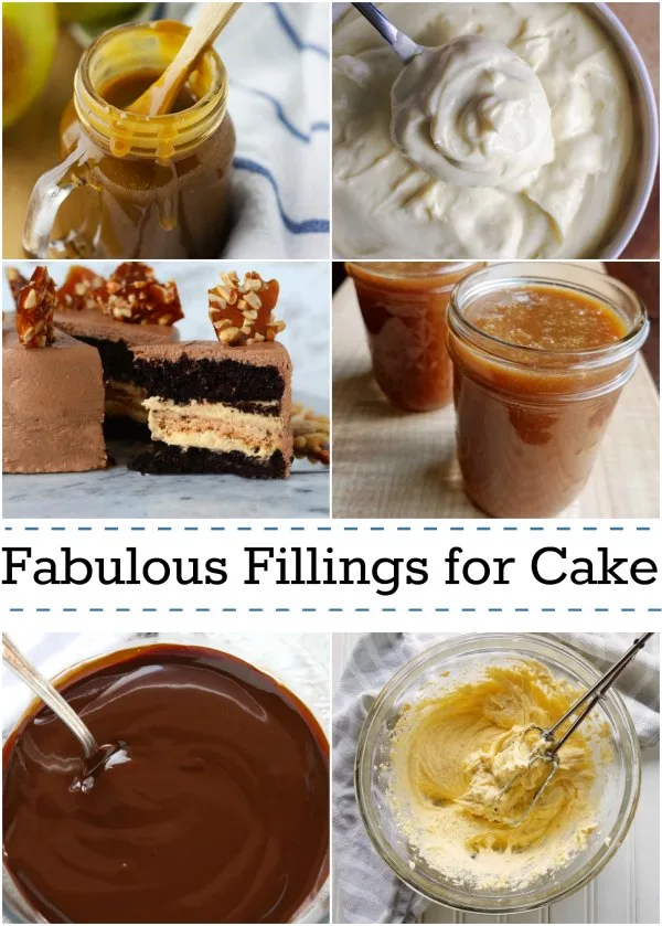 collage of caramels, puddings and ganache for cake filling recipes