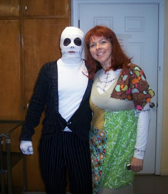 dressed up in homemade jack and sally Halloween costumes from Nightmare Before Christmas