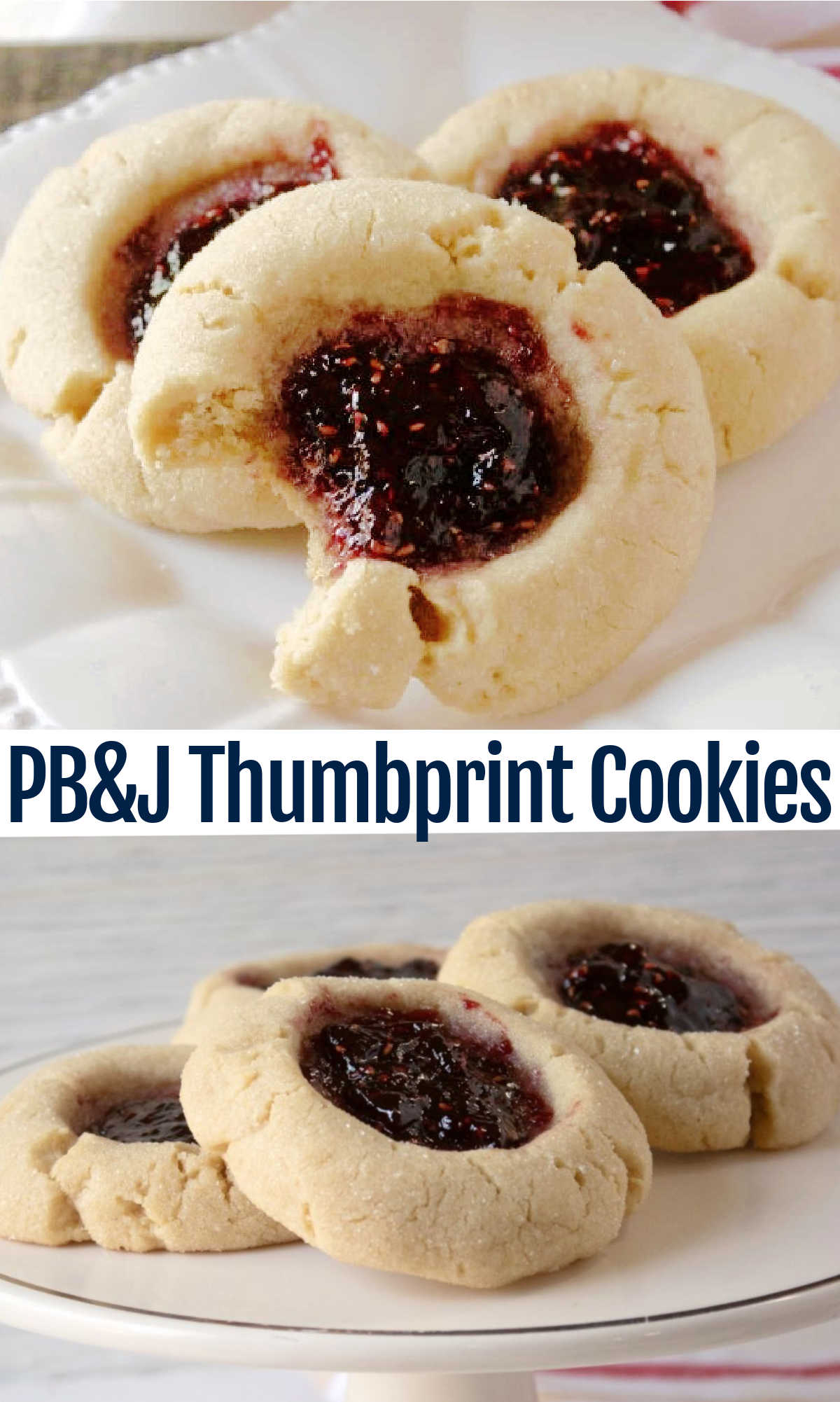 Take the classic combination of peanut butter and jelly and turn it into scrumptious thumbprint cookies. They are a fun back to school treat, perfect for holiday cookie trays or just because!