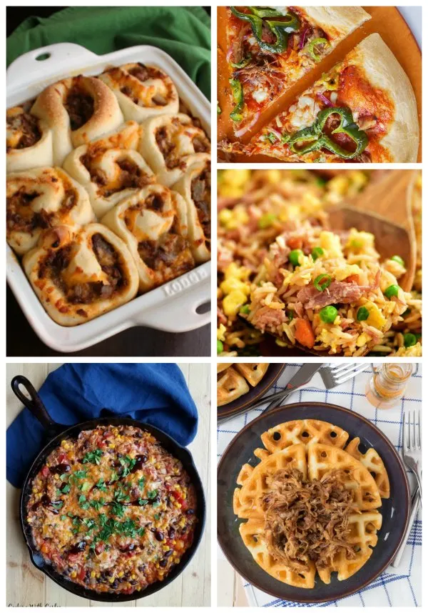 pictures of pulled pork pizza, rolls, fried rice and more using leftover pork