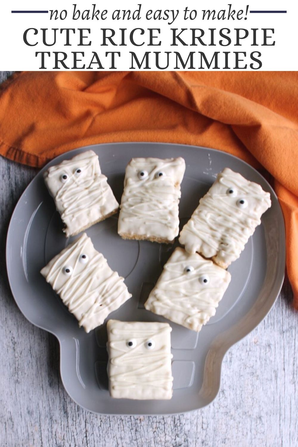 Super fun and easy to make mummy rice crispy treats are cute for Halloween party treats. Plus the kids can help make them!