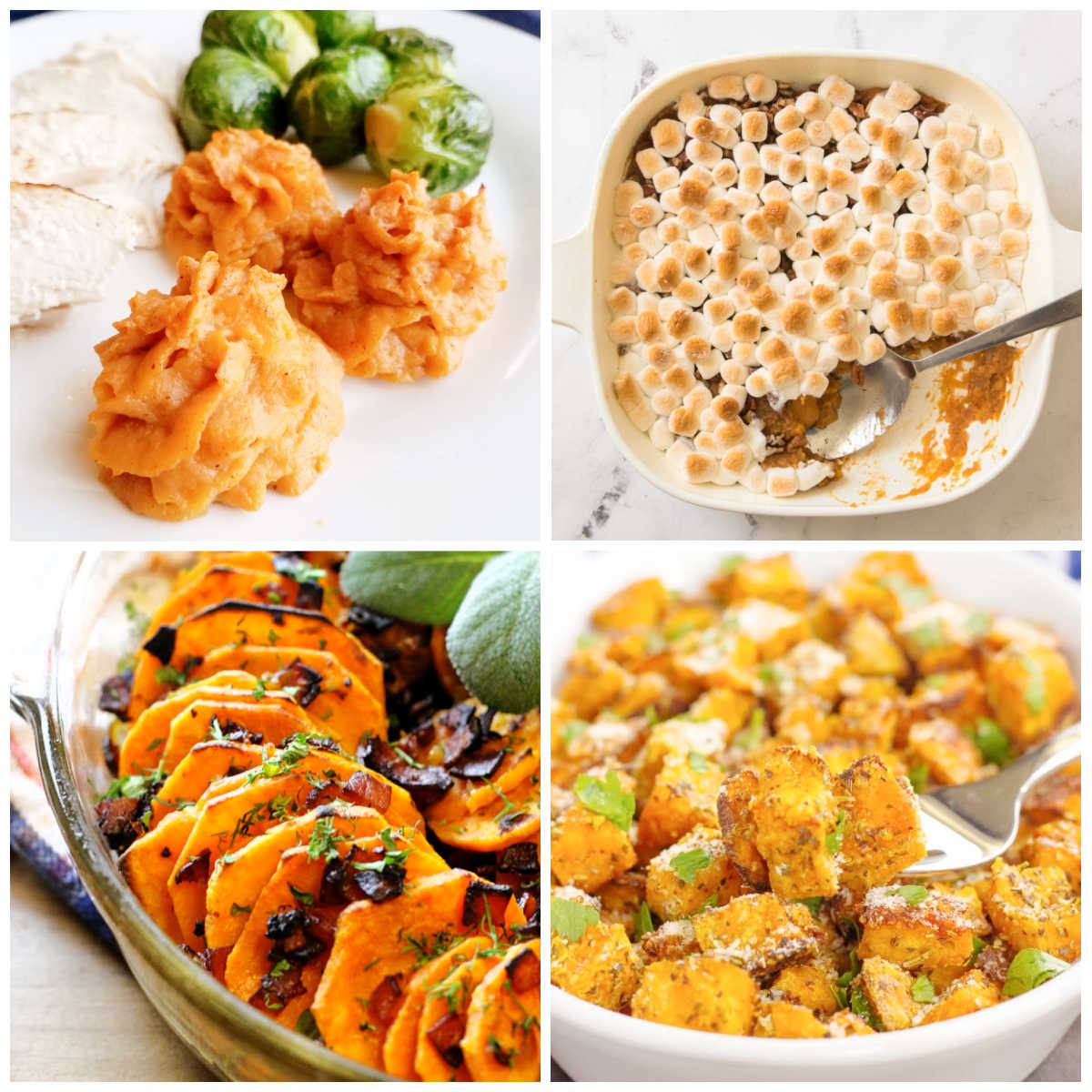 Collage of sweet potato images including a casserole, duchess sweet potatoes, scalloped sweet potatoes and roasted sweet potatoes.