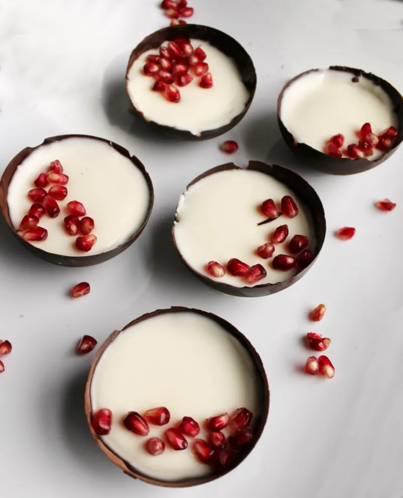 dark chocolate bowls filled with yogurt panna cotta and sprinkled with pomegranate seeds.