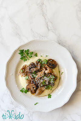 baked polenta with mushrooms on plate