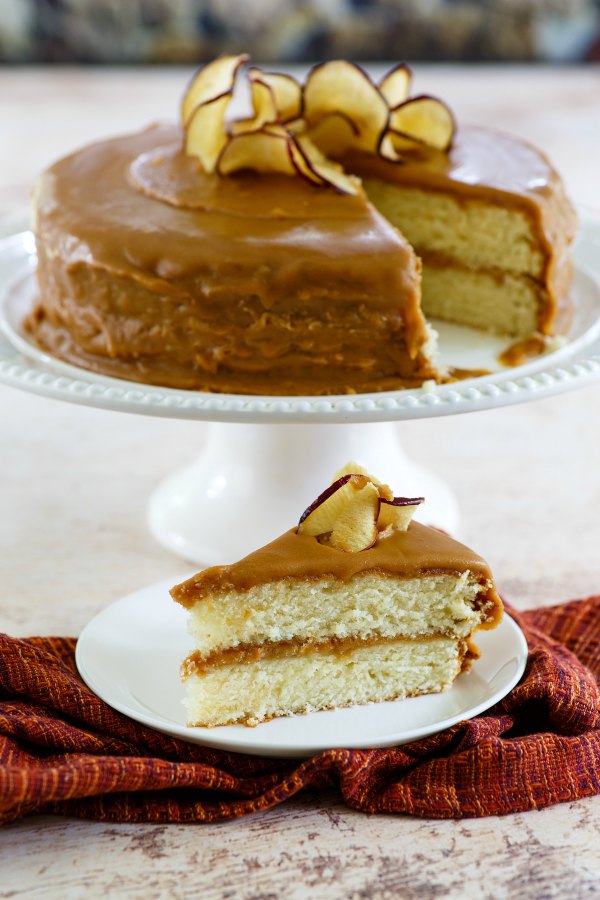 looking across a slice of homemade southern style caramel cake