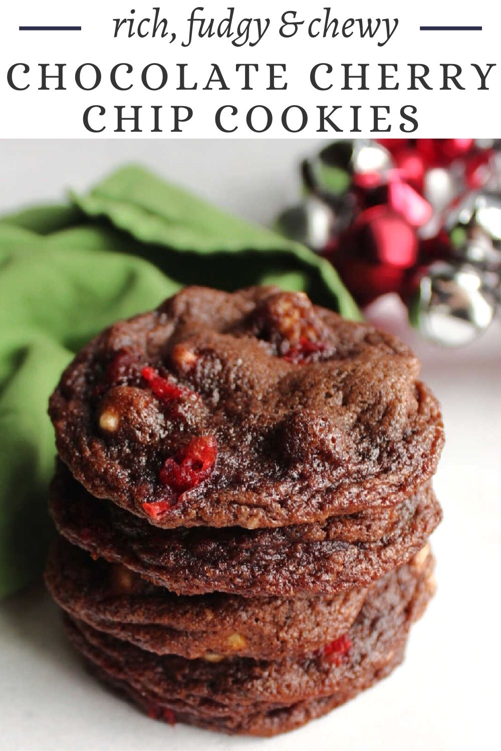 Chocolate cherry chip cookies are inspired by my dad's favorite Christmastime treat, chocolate covered cherries. Super fudgy cookies with white chocolate chips and bits of cherry give you the full flavor in a perfect chewy package.
