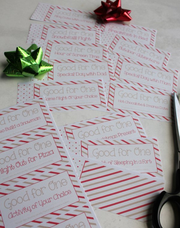 pages of Christmas coupon book for kids partial cut into individual coupons.