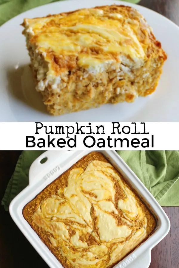 Soft and delicious pumpkin baked oatmeal with a maple cream cheese swirl. This is a hearty fall breakfast that is packed with the good stuff and will remind you of your favorite pumpkin roll cake.