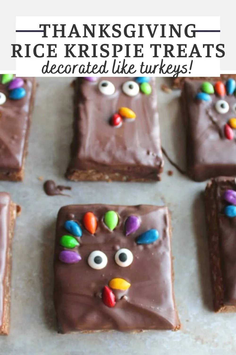 These fun and easy turkey decorated chocolate and peanut butter rice krispie treats are perfect for Thanksgiving classroom parties or your holiday dessert table. They are no bake and easy to make!