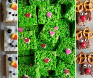 collage of rice krispie treats decorated as snowmen, Grinch hearts and Rudolph the Red nose reindeer.