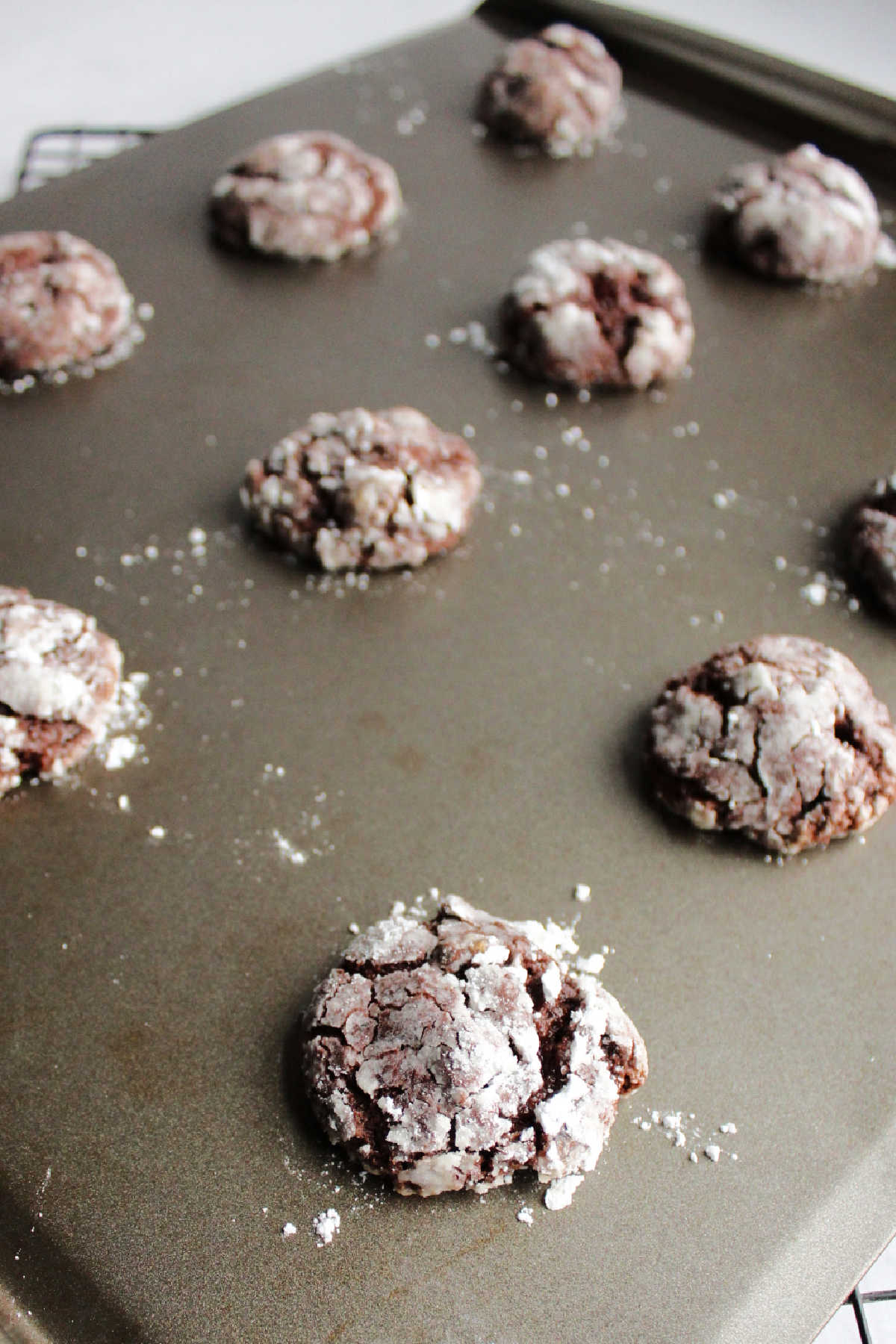 Baked chocolate gooey butter cookies fresh from the oven with crackly powdered sugar exterior showing rich chocolate interior. 
