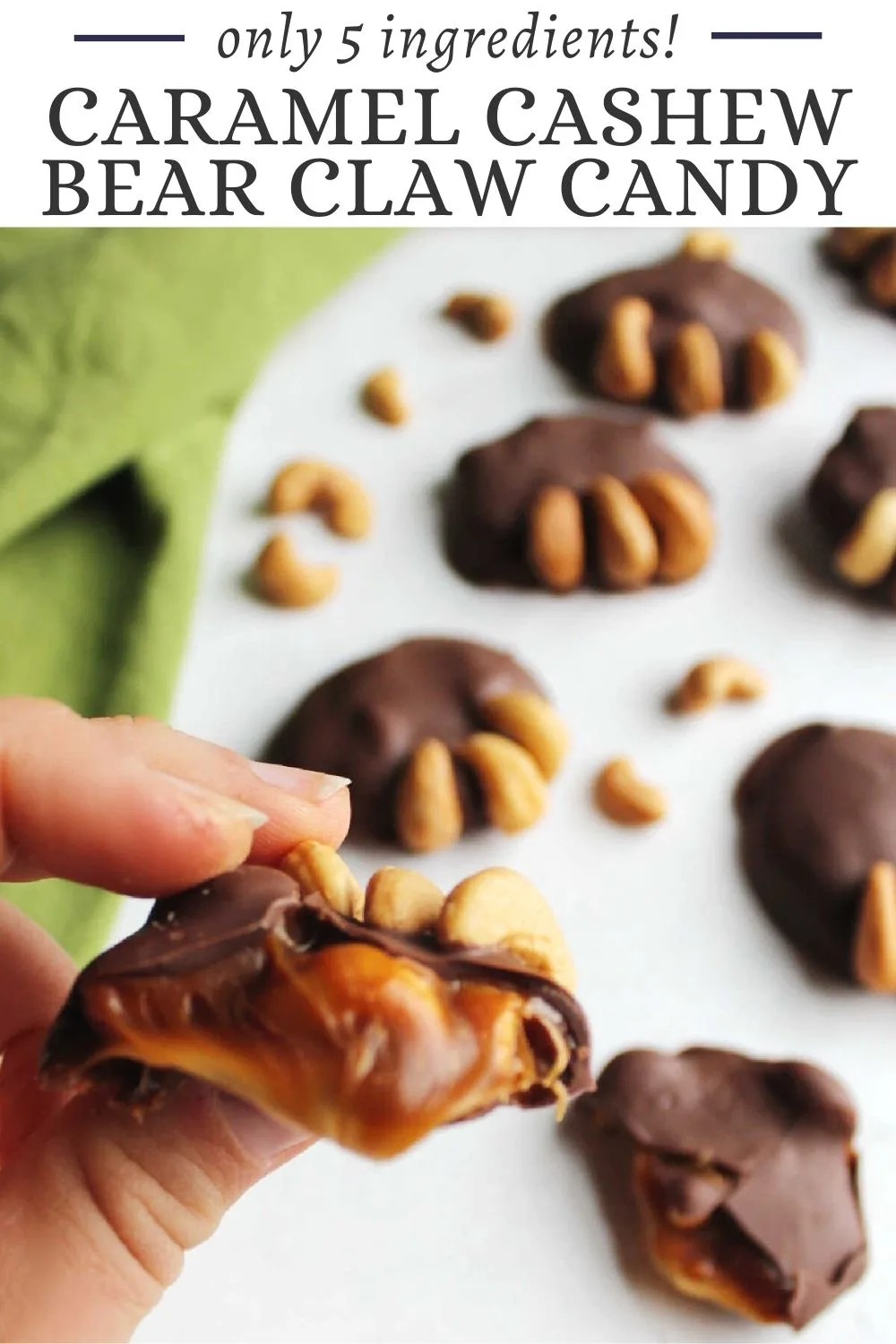 Soft delicious caramel, salty cashews and a delicious coating of milk chocolate come together to make these fun bear claw candies. They are simple to make, cute and oh so tasty!