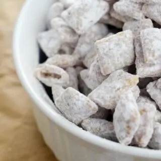 close up of bowl of caramel puppy chow.