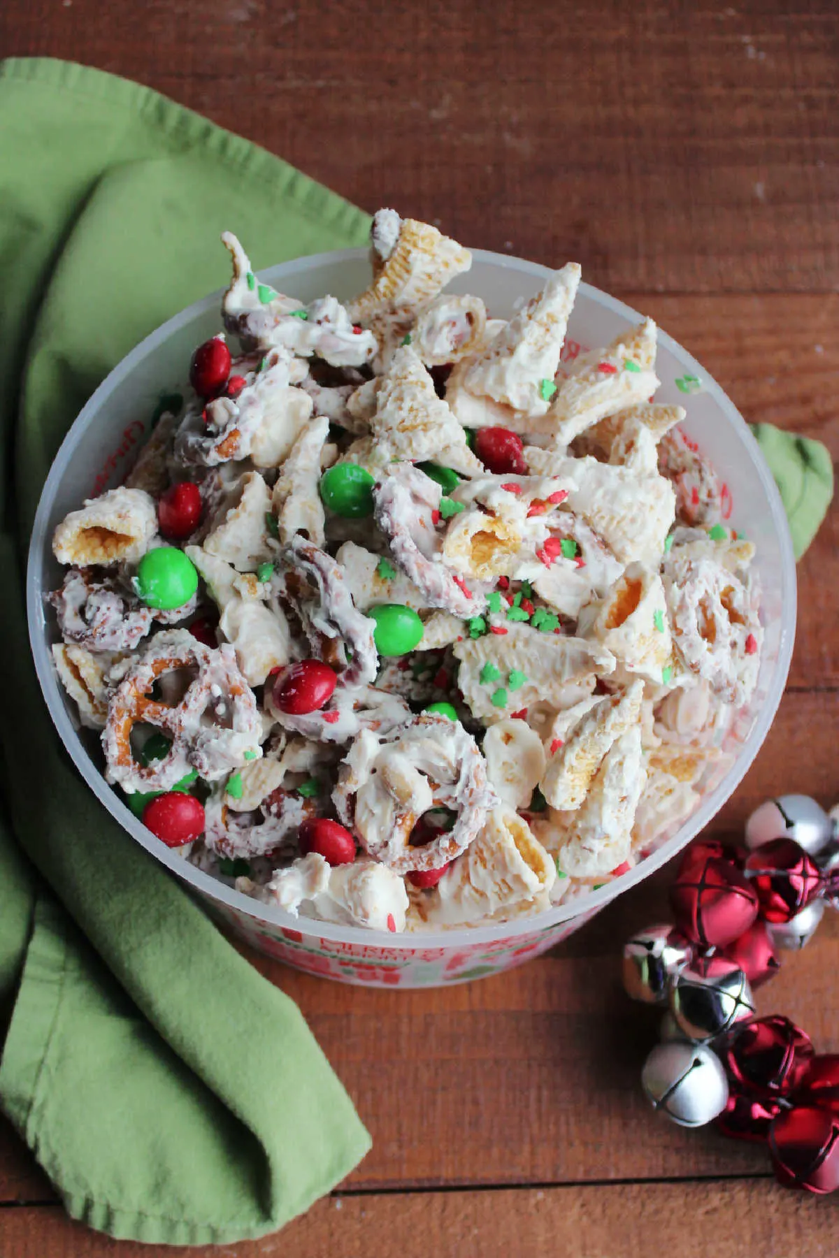 Bowl of white chocolate sweet and salty snack mix ready to eat.