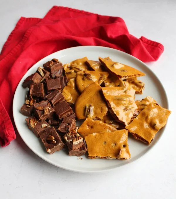plate of fudge and pecan brittle.