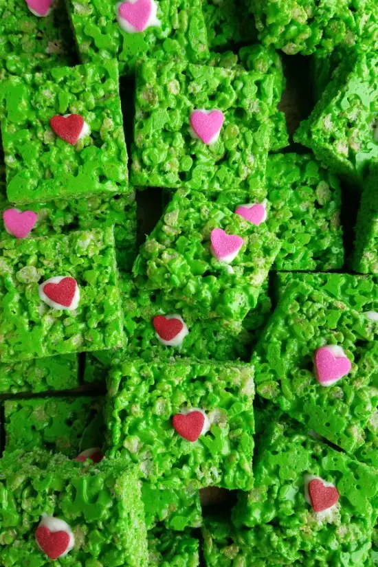 close up stack of Grinch rice krispie treats.