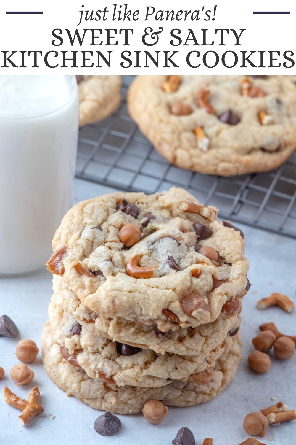 Sweet, salty, crunchy and soft, these kitchen sink cookies have it all. Full of caramel, chocolate and even bits of pretzel. They are based off the Panera kitchen sink cookies.