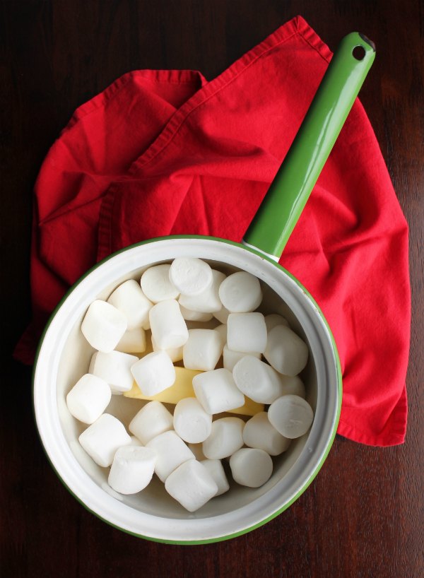 vintage saucepan filled with marshmallows and butter.
