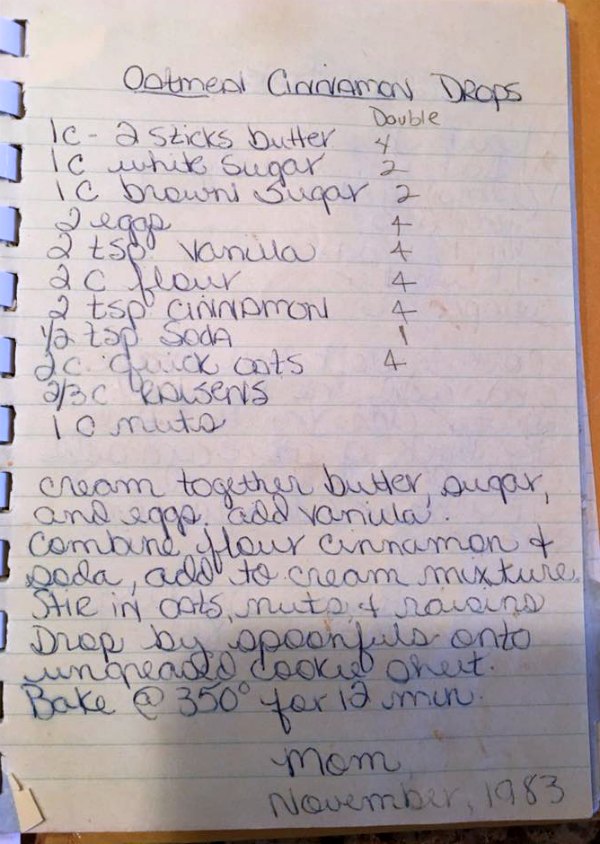 hand written recipe for oatmeal cinnamon drops.