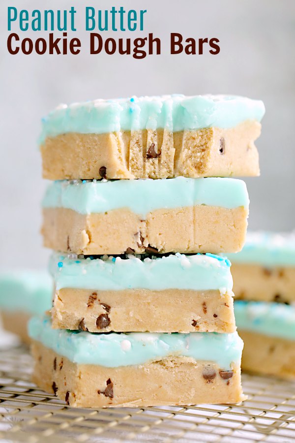 Get the taste of peanut butter chocolate chip cookie dough in these fun no-bake (and egg free) cookie dough bars. The white chocolate frosting takes them to the next level and a dusting of festive sprinkles is all you need to dress them up for a party.