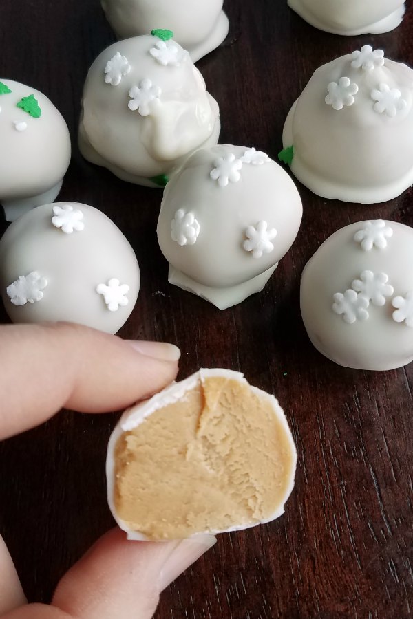 snow ball candy with creamy peanut butter centers.