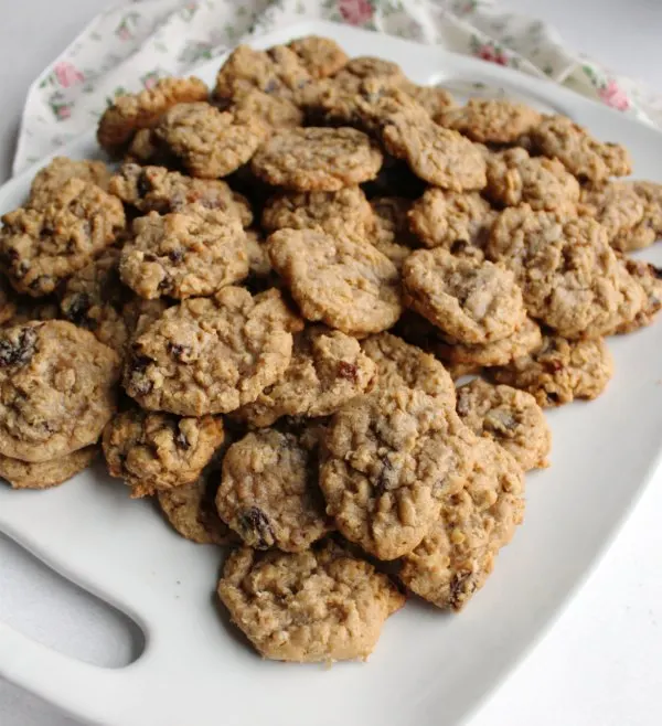 platter piled high with oatmeal cinnamon drop cookies.
