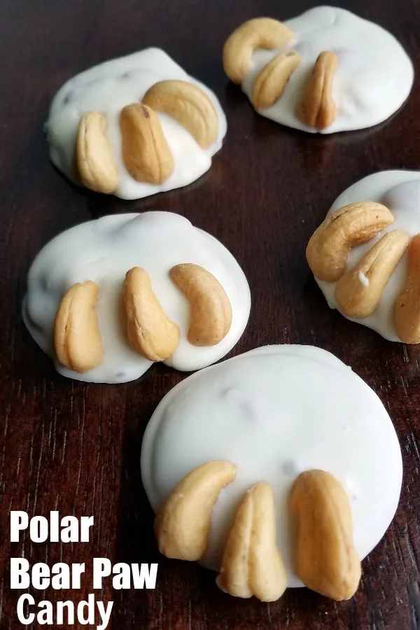 white chocolate dipped caramel and cashew polar bear paw candies.