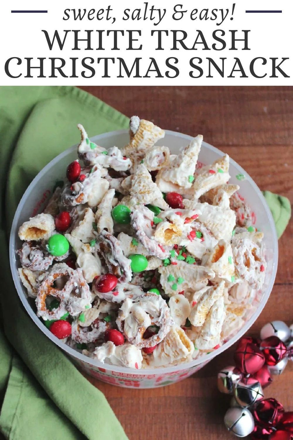 White trash snack mix is a sweet and salty snack mix that only takes a few minutes to make and the results are delicious. This version is decked out in red and green for the merriest of white trash goodness, but the colors could easily be changed for any occasion.