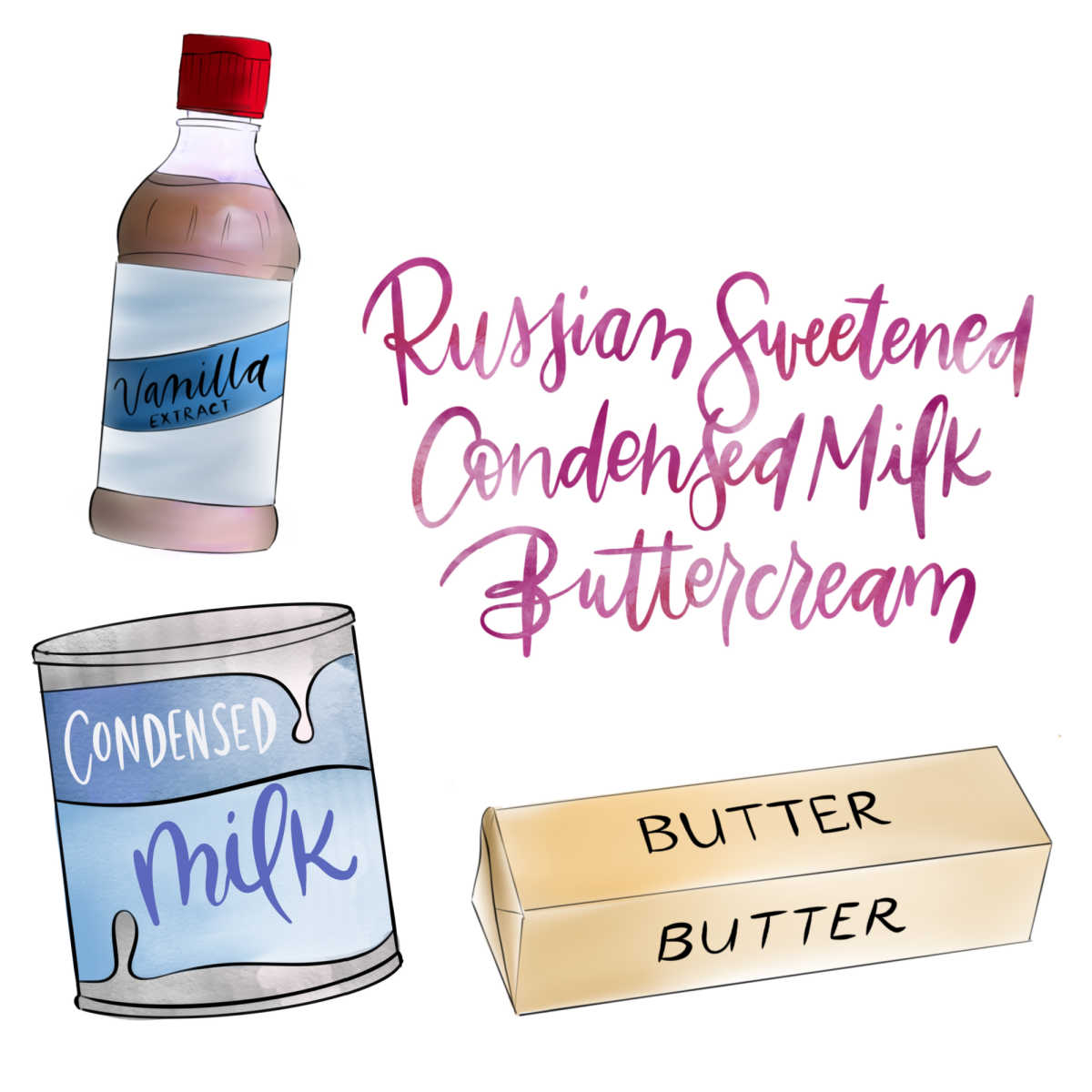 illustration of Russian buttercream ingredients.
